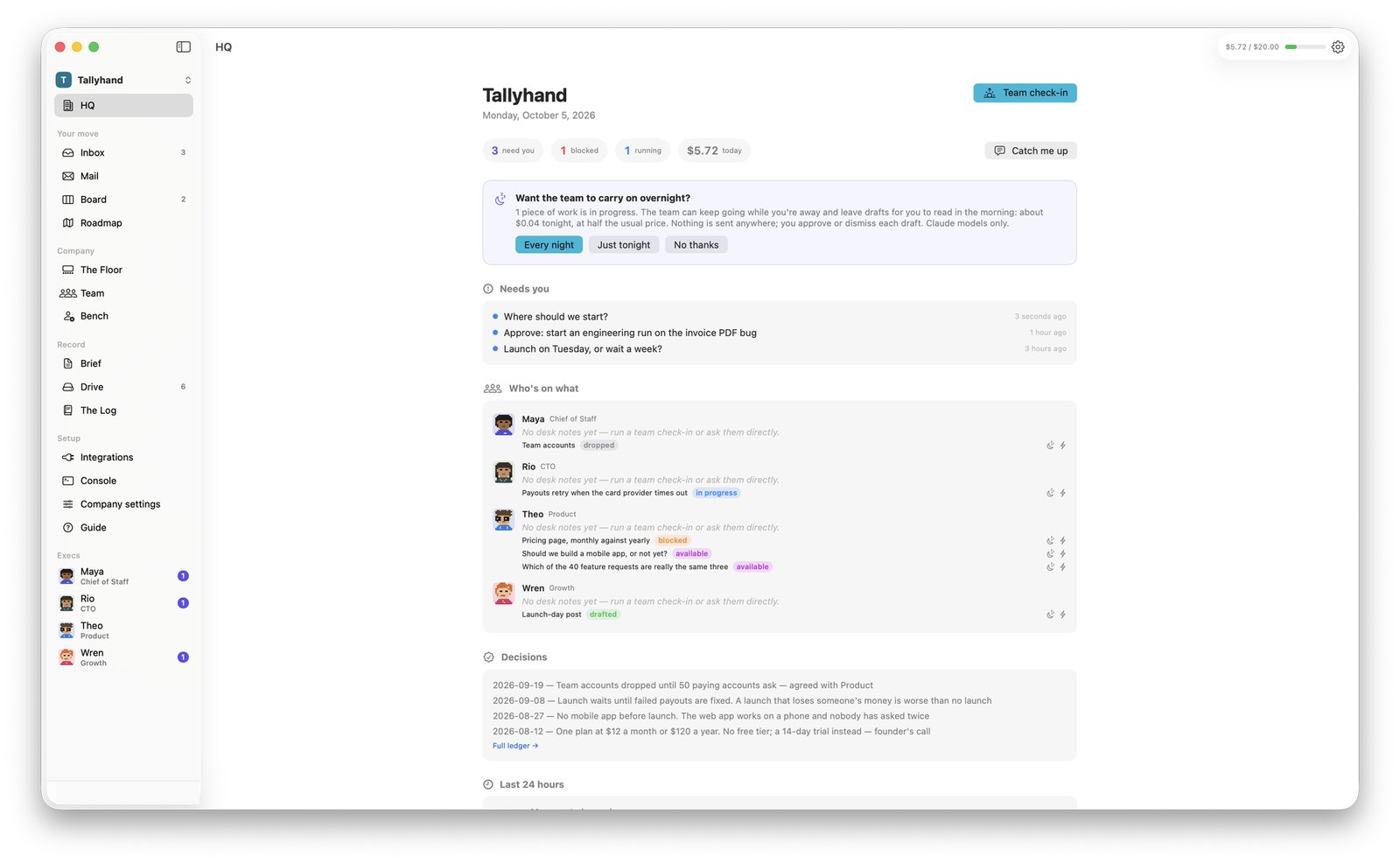 Runco — HQ dashboard showing the AI team's work and decisions